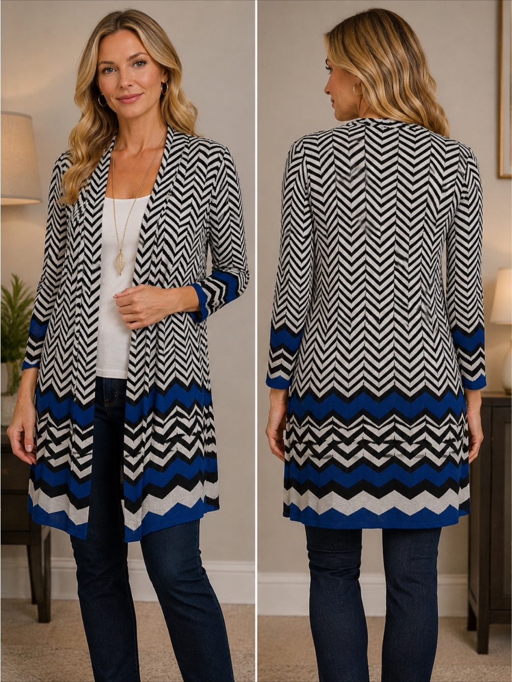 CHICO’S CHEVRON PRINT OPEN FRONT BOUTIQUE STYLE CARDIGAN SWEATER DUSTER SZ M